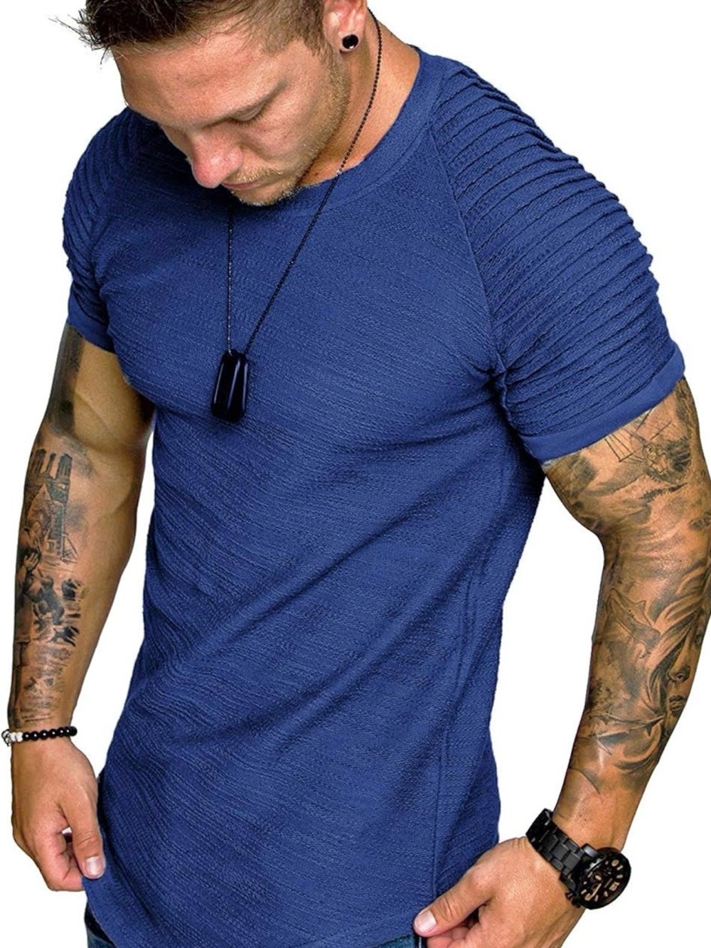NWT COOFANDY Blue Pleated Sleeve Muscle Fit T-Shirt Men’s Large Gym Tee